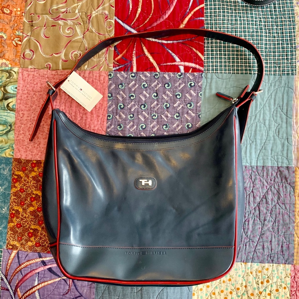 Tommy Hilfiger Leather navy hobo bag  red piping